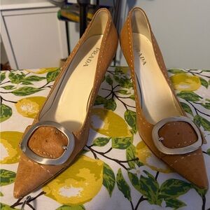 Prada Women's Brown Leather Heels with Silver Buckle